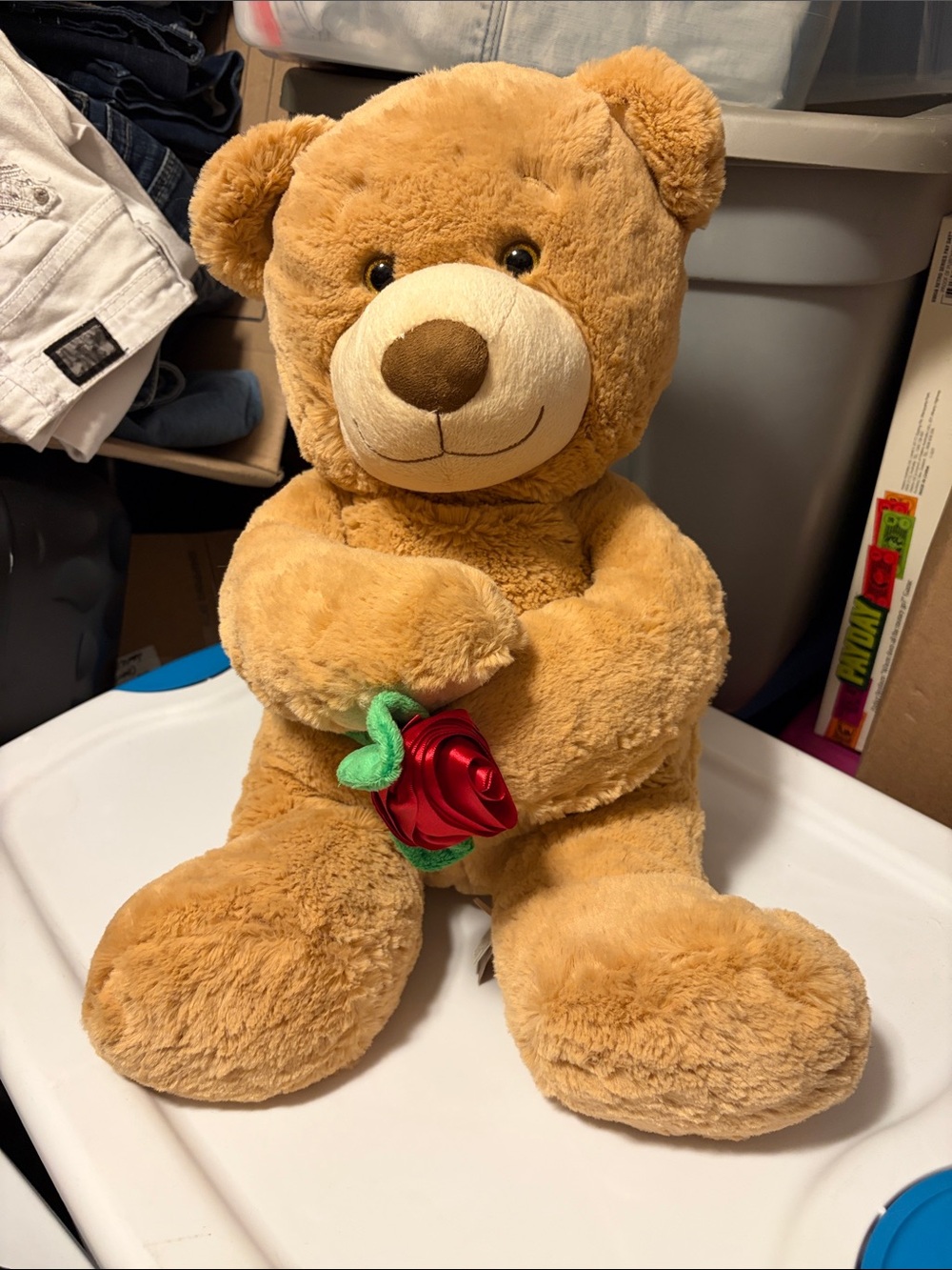 Sweet Brown Teddy Bear Holding Red Rose Plush